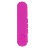 Pink silicone vibrator with three buttons and a flower logo.