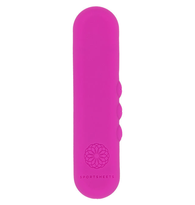 Pink silicone vibrator with three buttons and a flower logo.