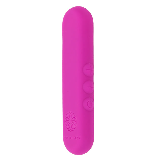 Pink silicone vibrator with three buttons and a floral logo.