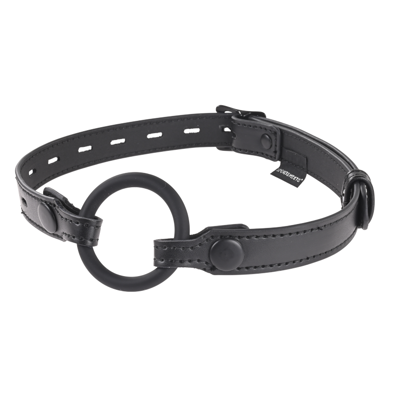 Black vegan leather gag with a circular ring and adjustable strap.