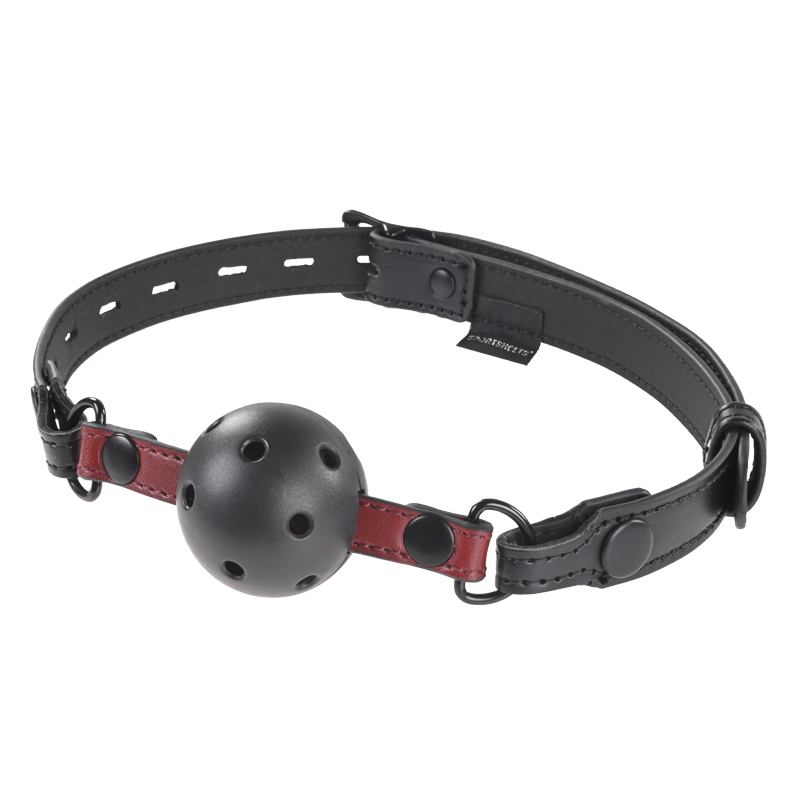 Black ball gag with red accents and a vegan leather strap.
