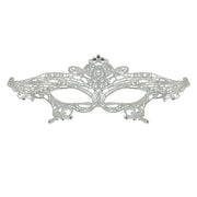 Grey lace and rhinestone eye mask with intricate detailing.