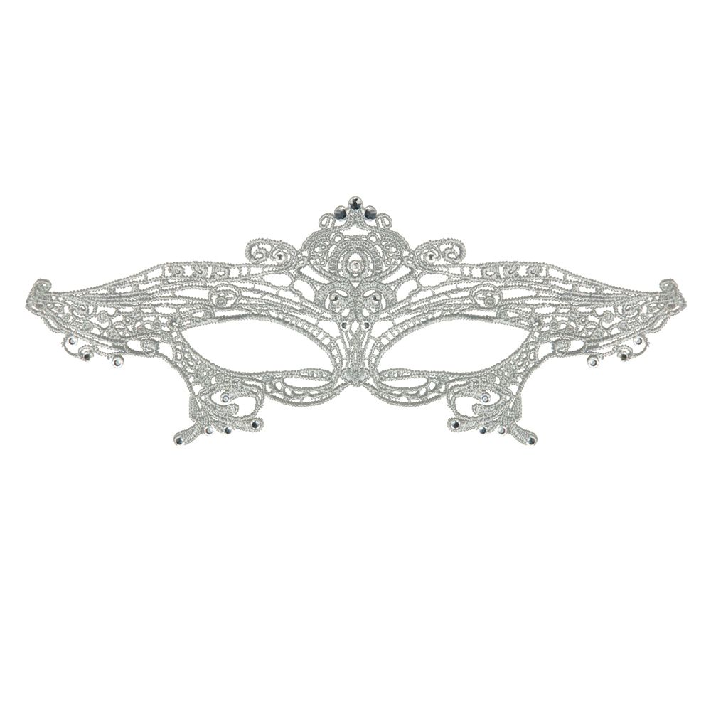 Grey lace and rhinestone eye mask with intricate detailing.