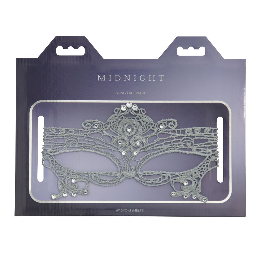 Grey lace eye mask with rhinestones in packaging.