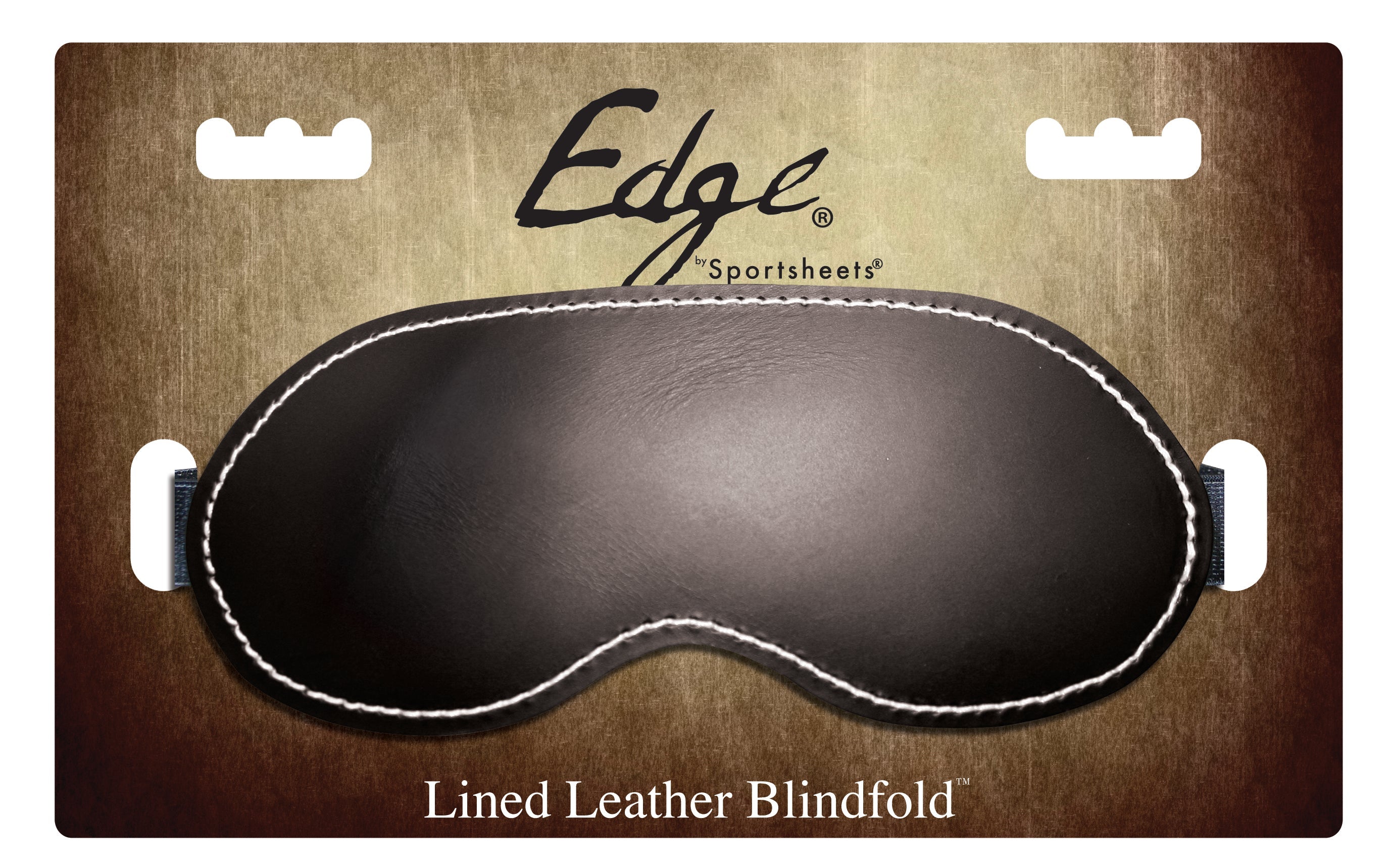 Black lined leather blindfold with white stitching on a textured background.