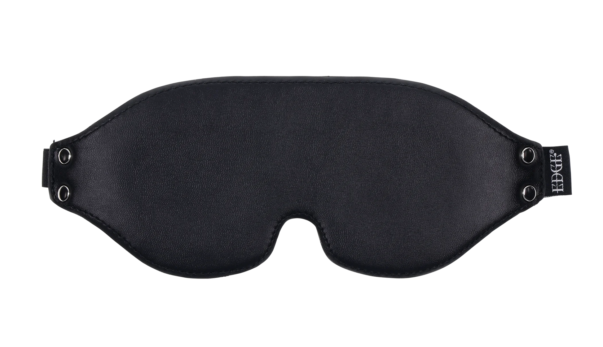 Black faux leather blindfold with memory foam and adjustable strap.