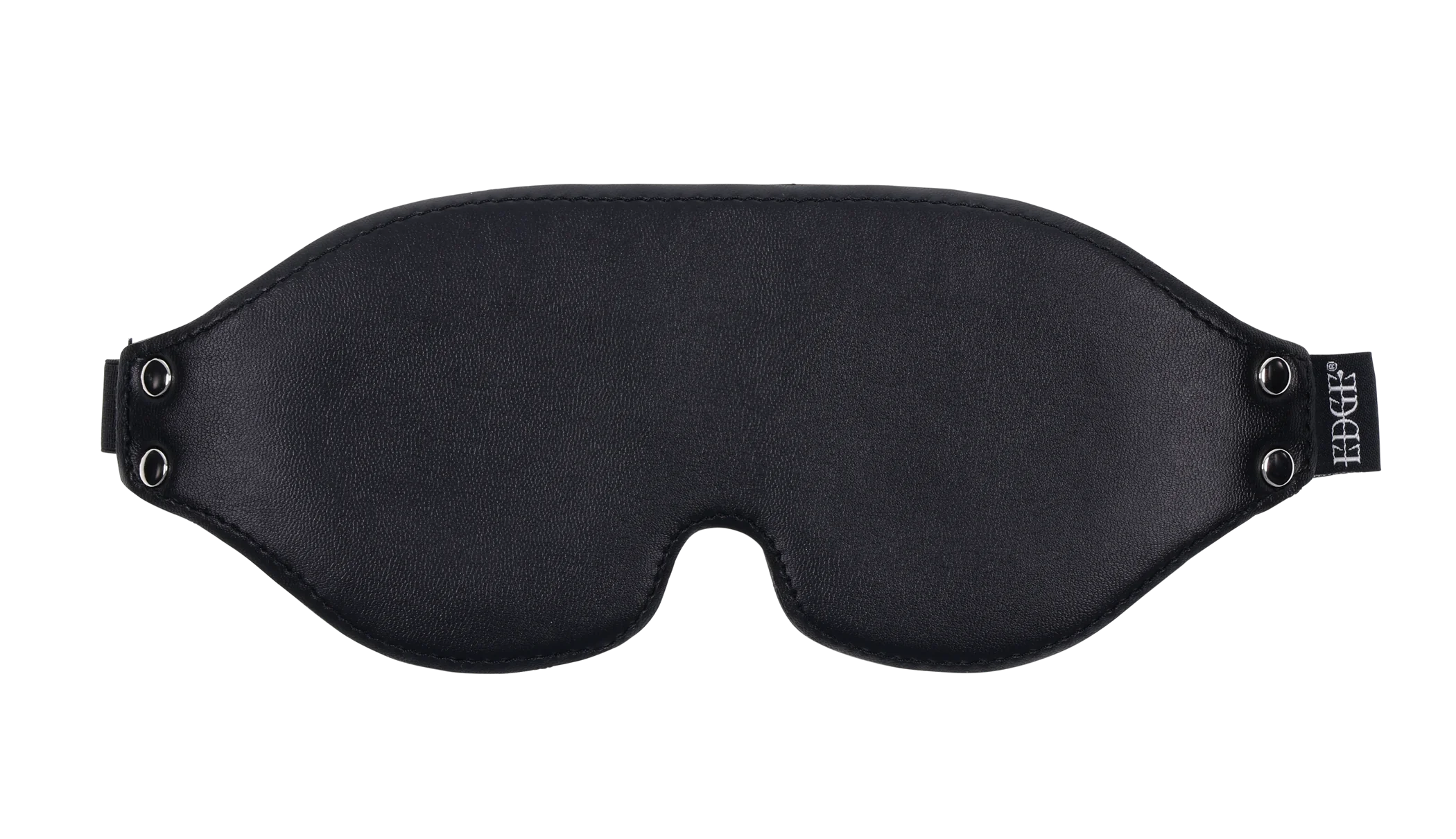 Black faux leather blindfold with memory foam and adjustable strap.