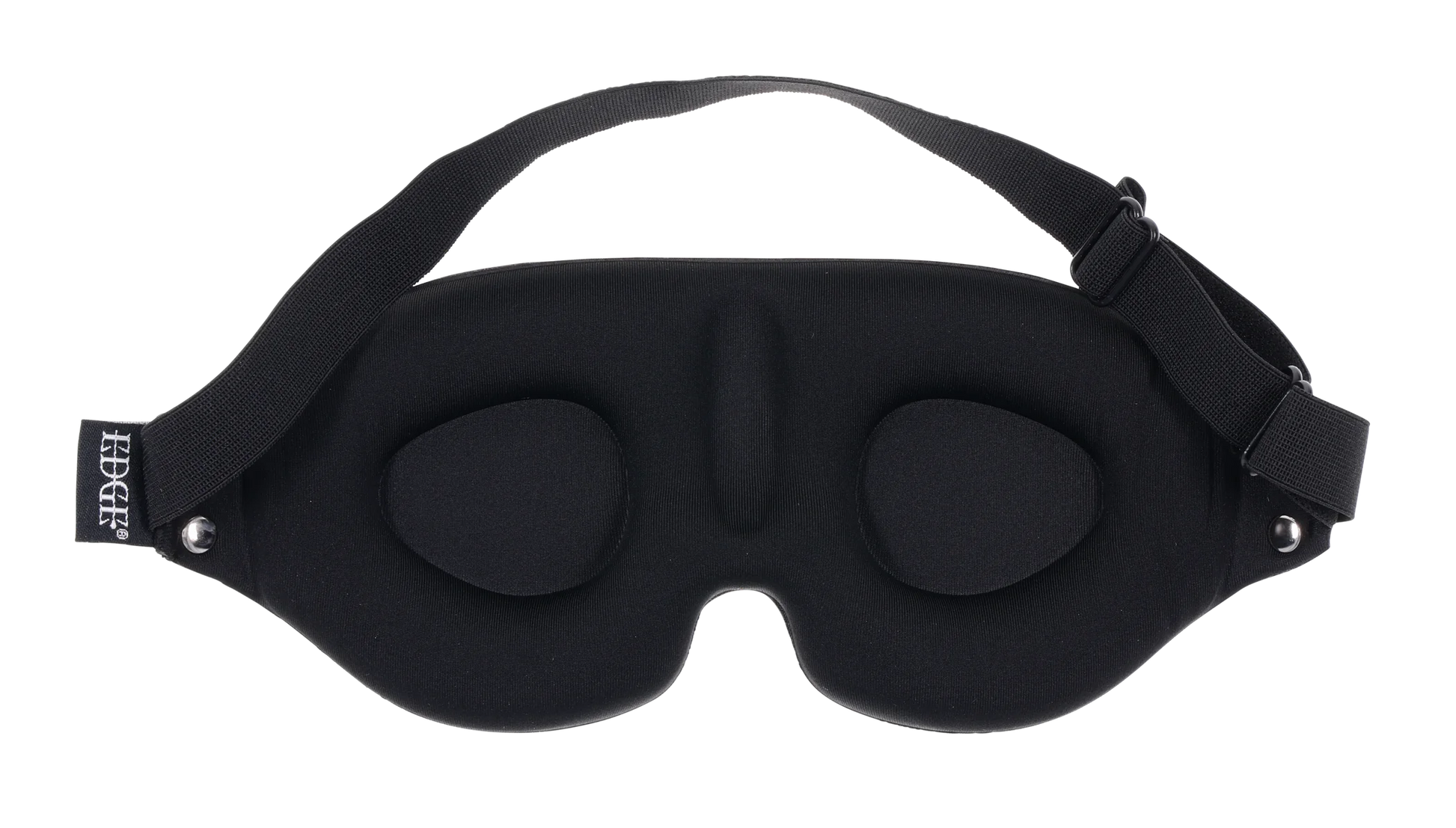 Black memory foam blindfold with adjustable strap and faux leather accents.