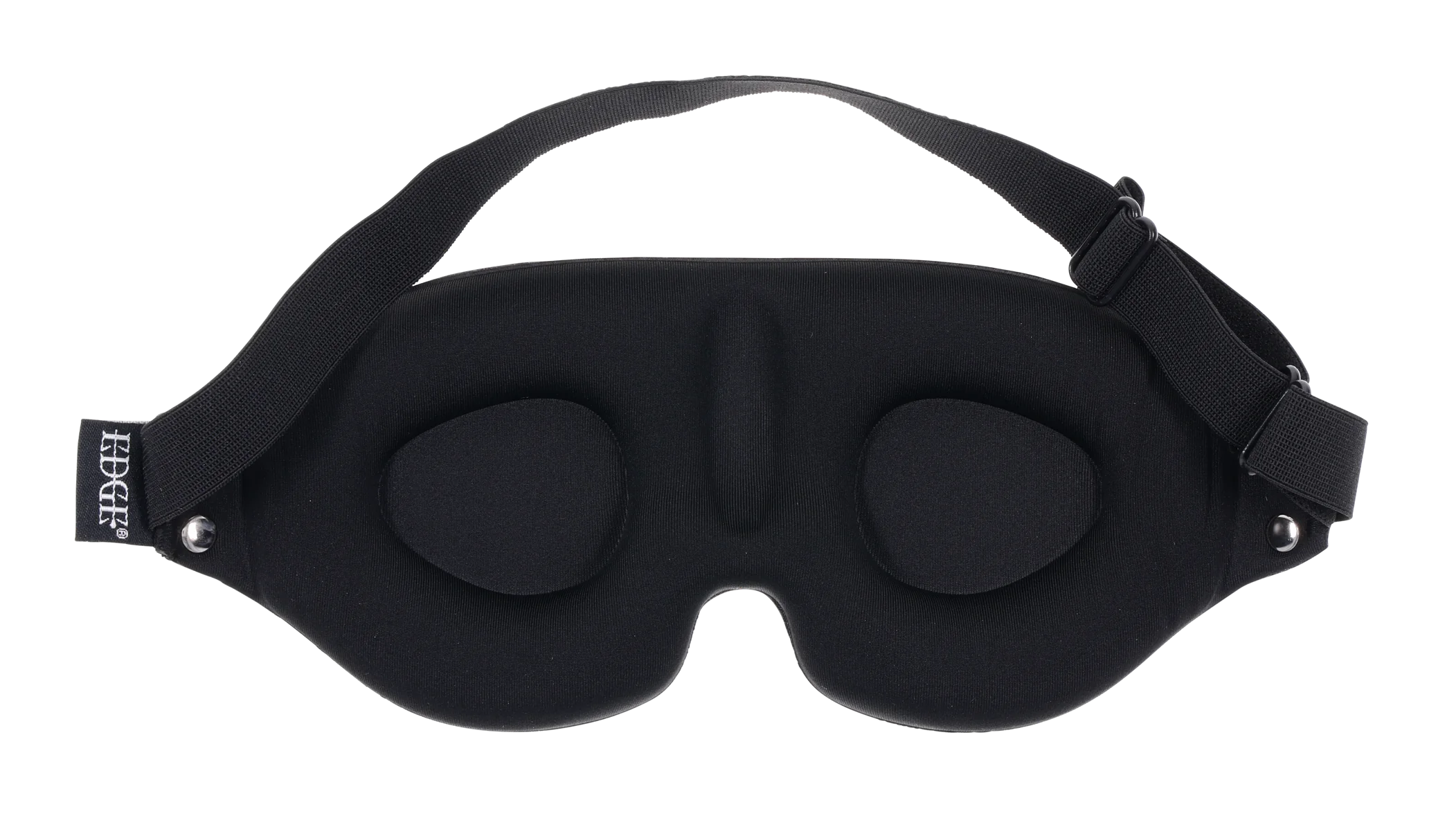 Black memory foam blindfold with adjustable strap and faux leather accents.