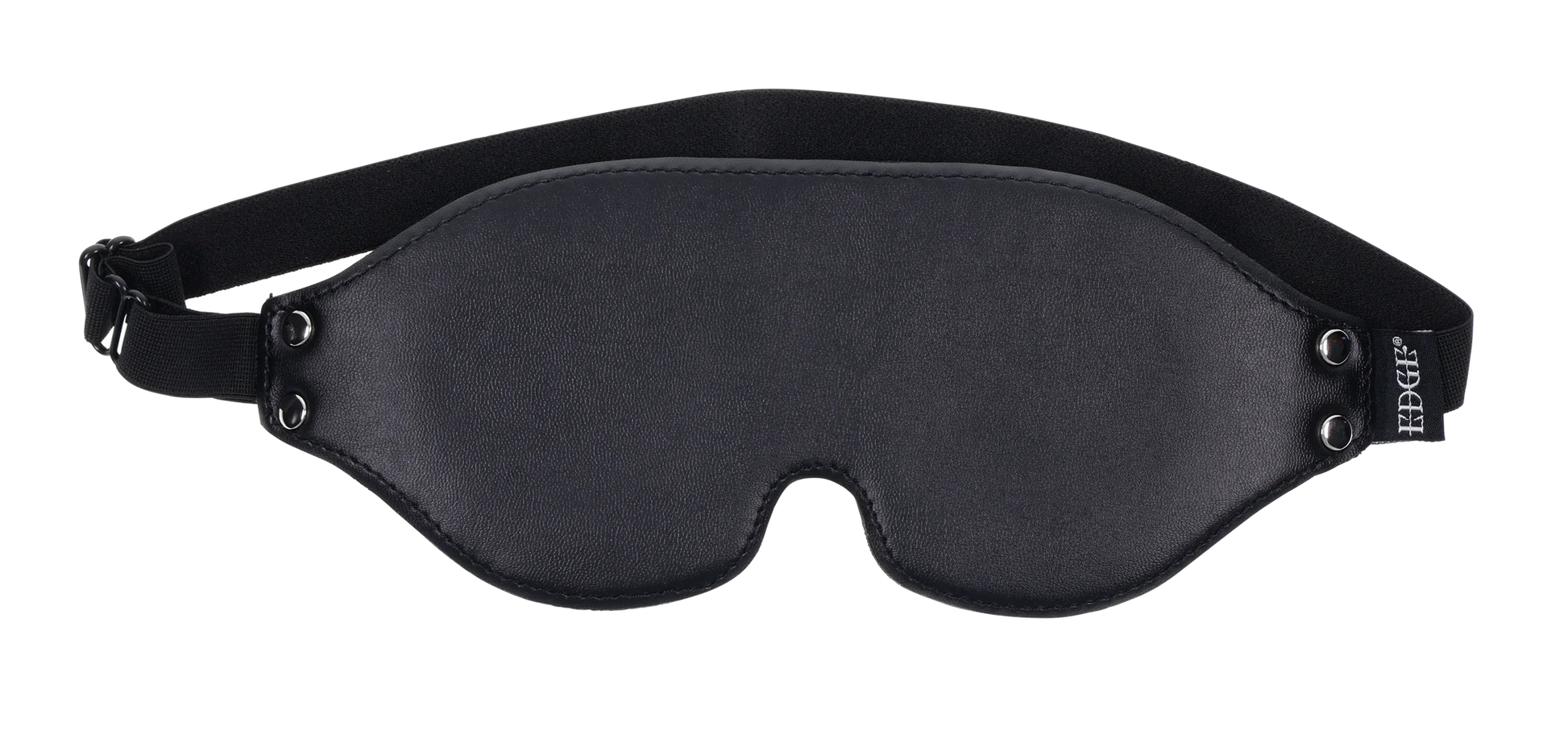 Black faux leather blindfold with memory foam and adjustable strap.