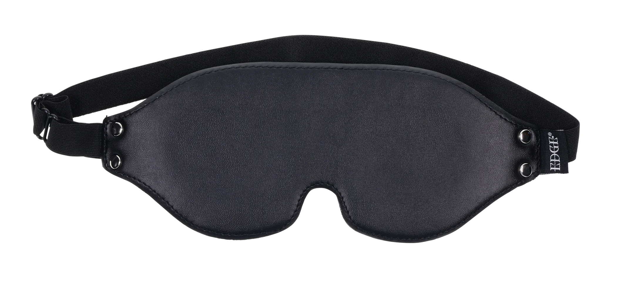 Black faux leather blindfold with memory foam and adjustable strap.