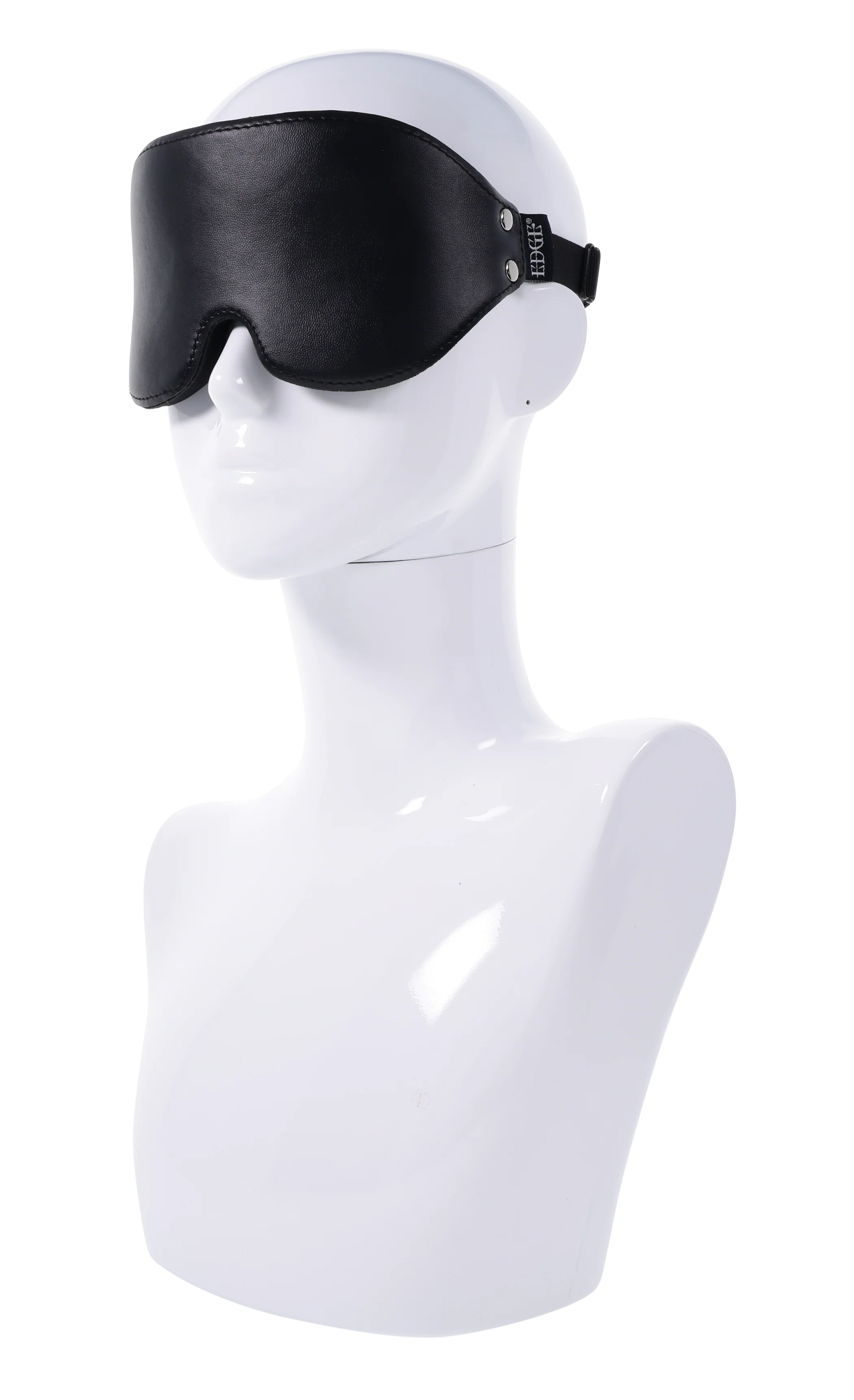 Black faux leather blindfold with memory foam and adjustable strap on a white mannequin.