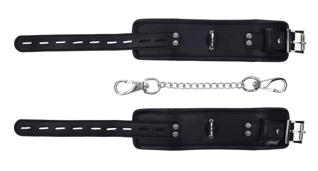Black padded adjustable handcuffs with metal hardware and chain.