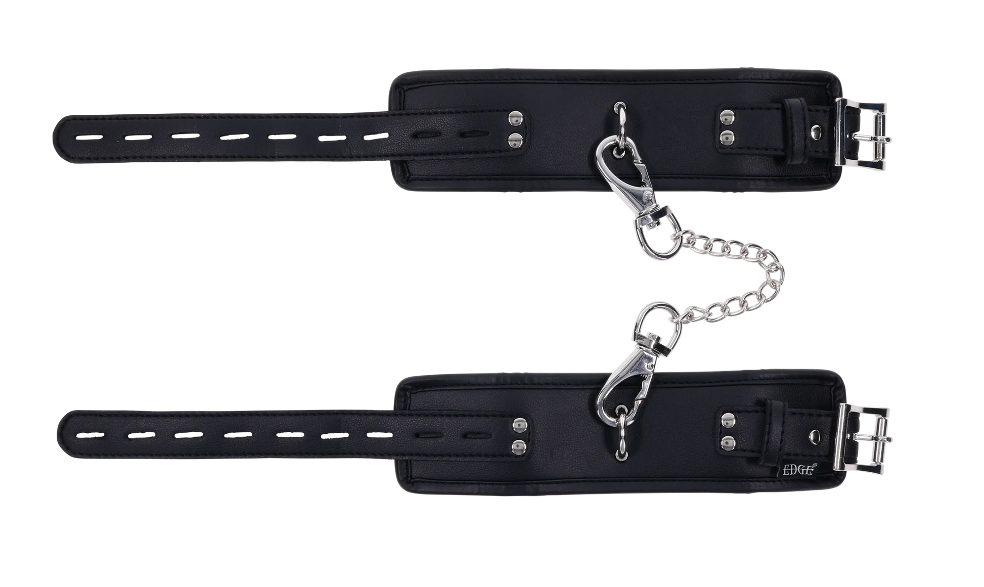 Black padded adjustable handcuffs with metal chain and hardware.