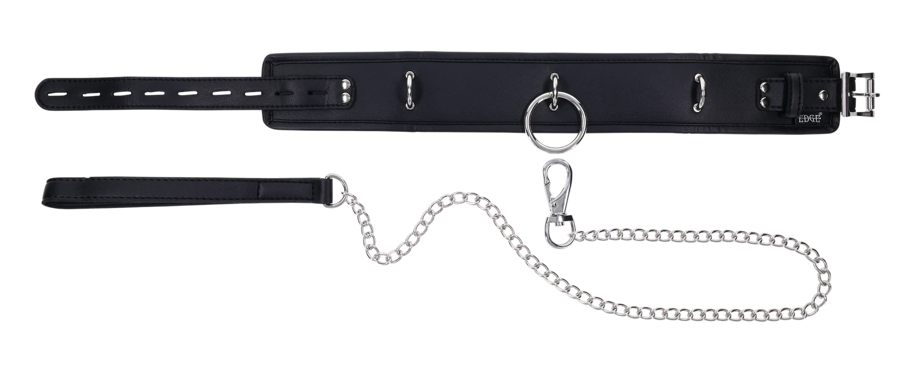 Black faux leather padded collar with silver hardware and a detachable chain leash.