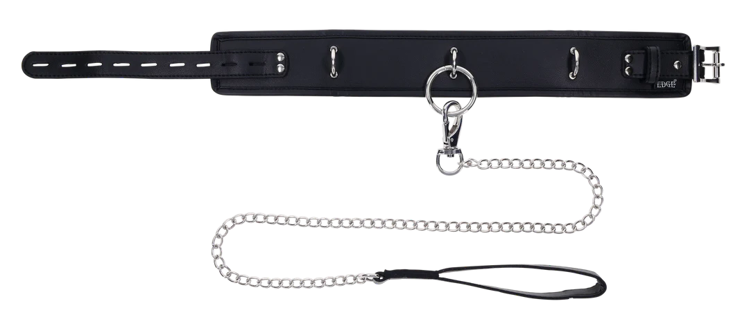 Black faux leather padded collar with silver chain leash.