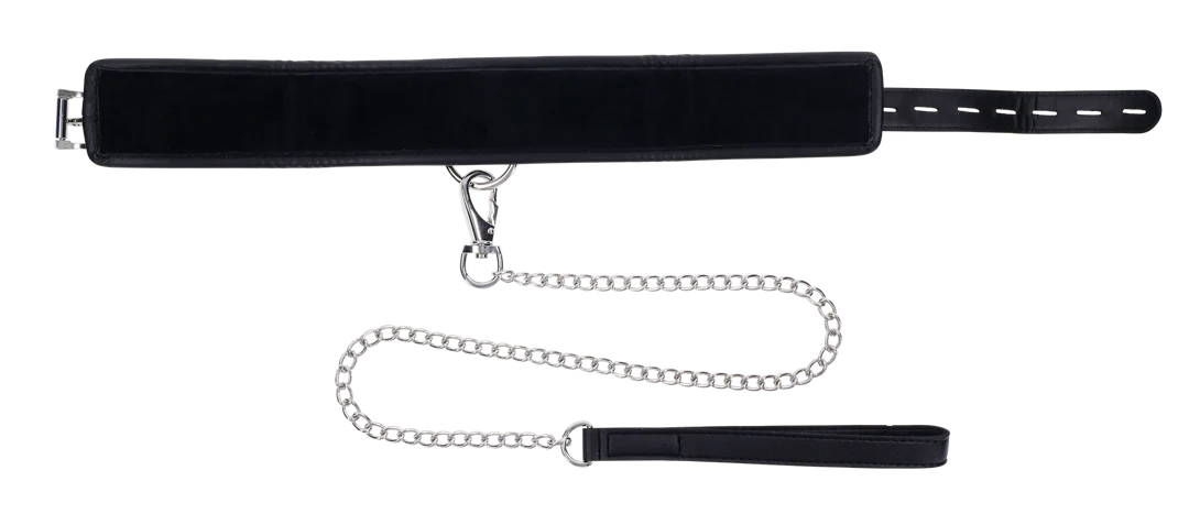 Black faux leather padded collar with silver chain leash.