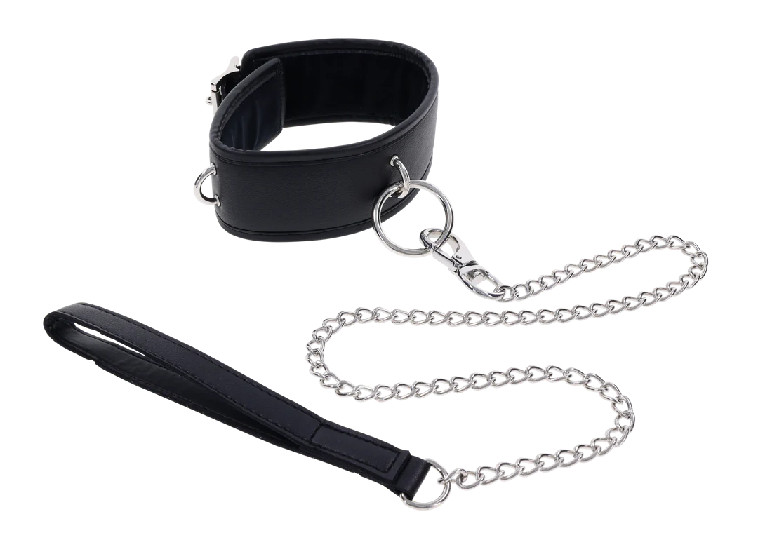 Black faux leather padded collar with a silver chain leash.