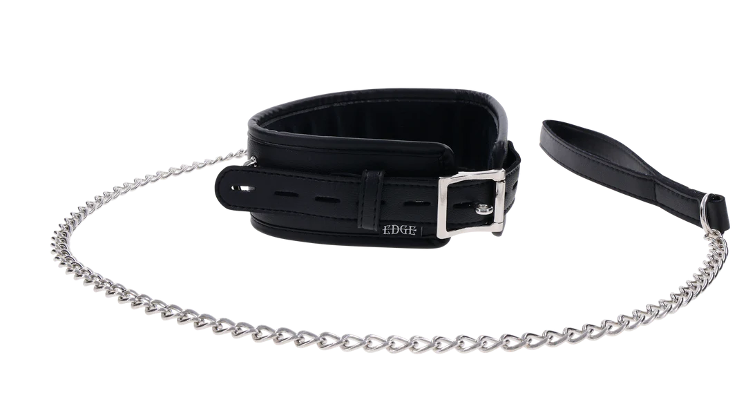 Black faux leather padded collar with a silver chain leash and buckle.