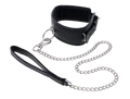 Black faux leather padded collar with silver leash and handle.