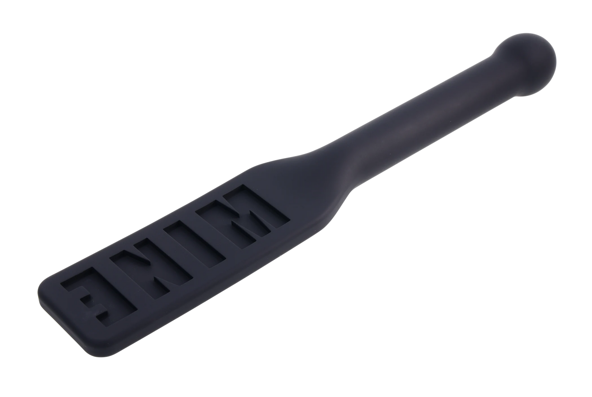 Black silicone paddle with "MINE" embossed on the surface and a rounded handle.