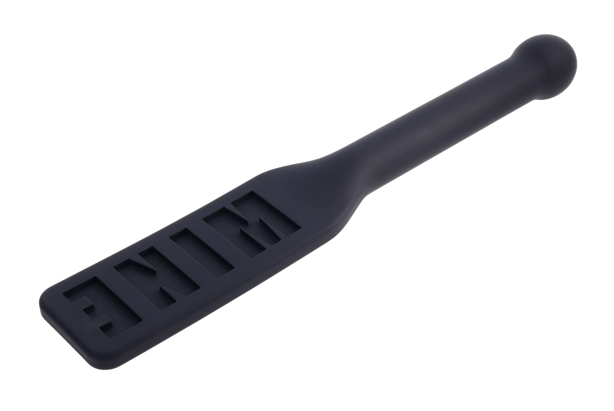 Black silicone paddle with "MINE" embossed on the surface and a rounded handle.