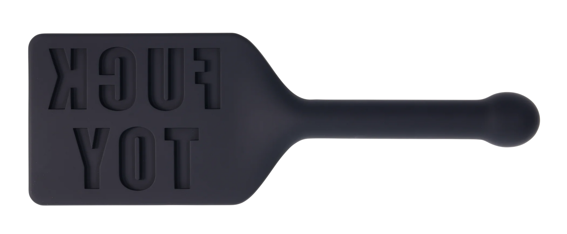 Black silicone paddle with "FUCK TOY" embossed on the head and an insertable handle.
