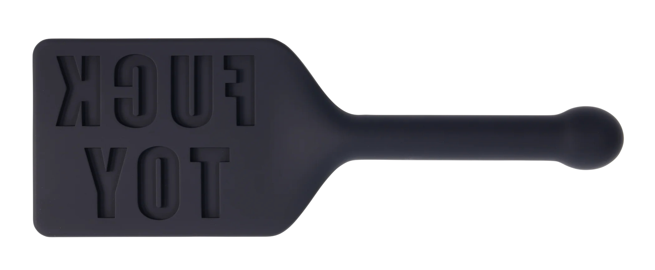 Black silicone paddle with "FUCK TOY" embossed on the head and an insertable handle.