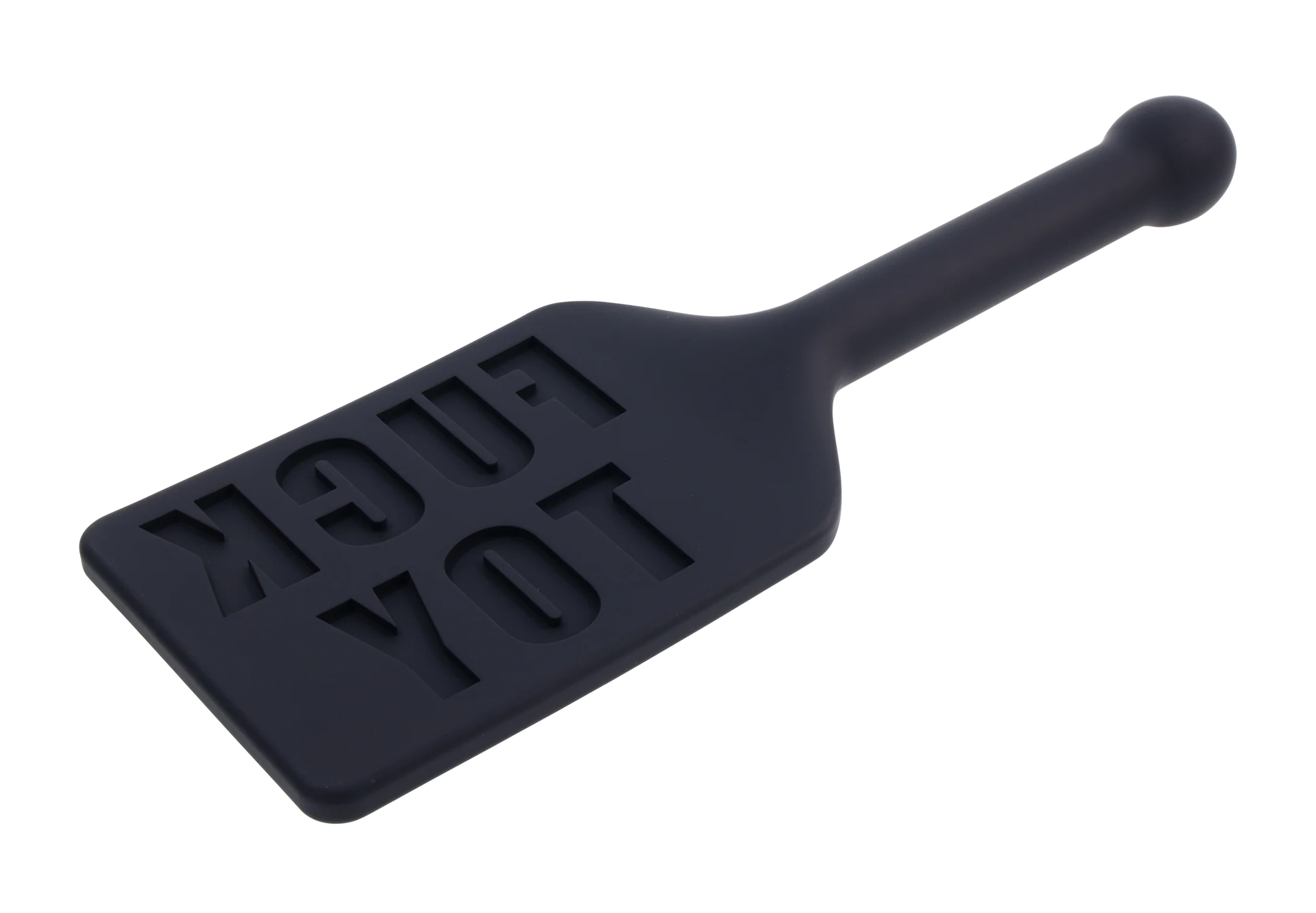 Black silicone paddle with "FUCK TOY" embossed on the surface.