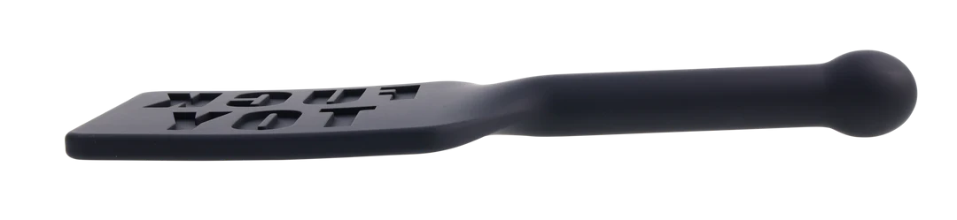 Dark gray silicone paddle with "FUCK YOT" embossed on the surface.