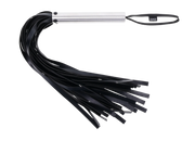 Black faux leather flogger with a silver metal handle and a black loop.