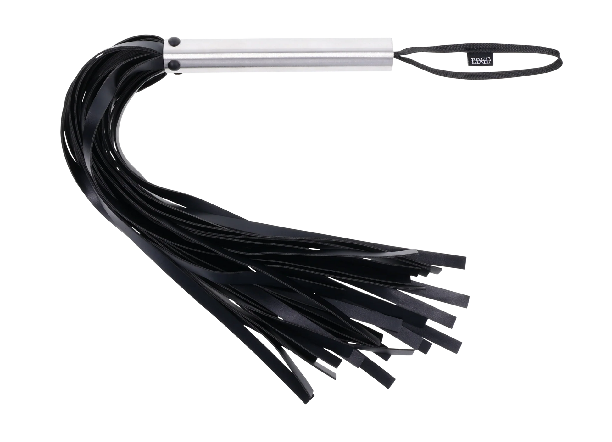 Black faux leather flogger with a silver metal handle and a black loop.