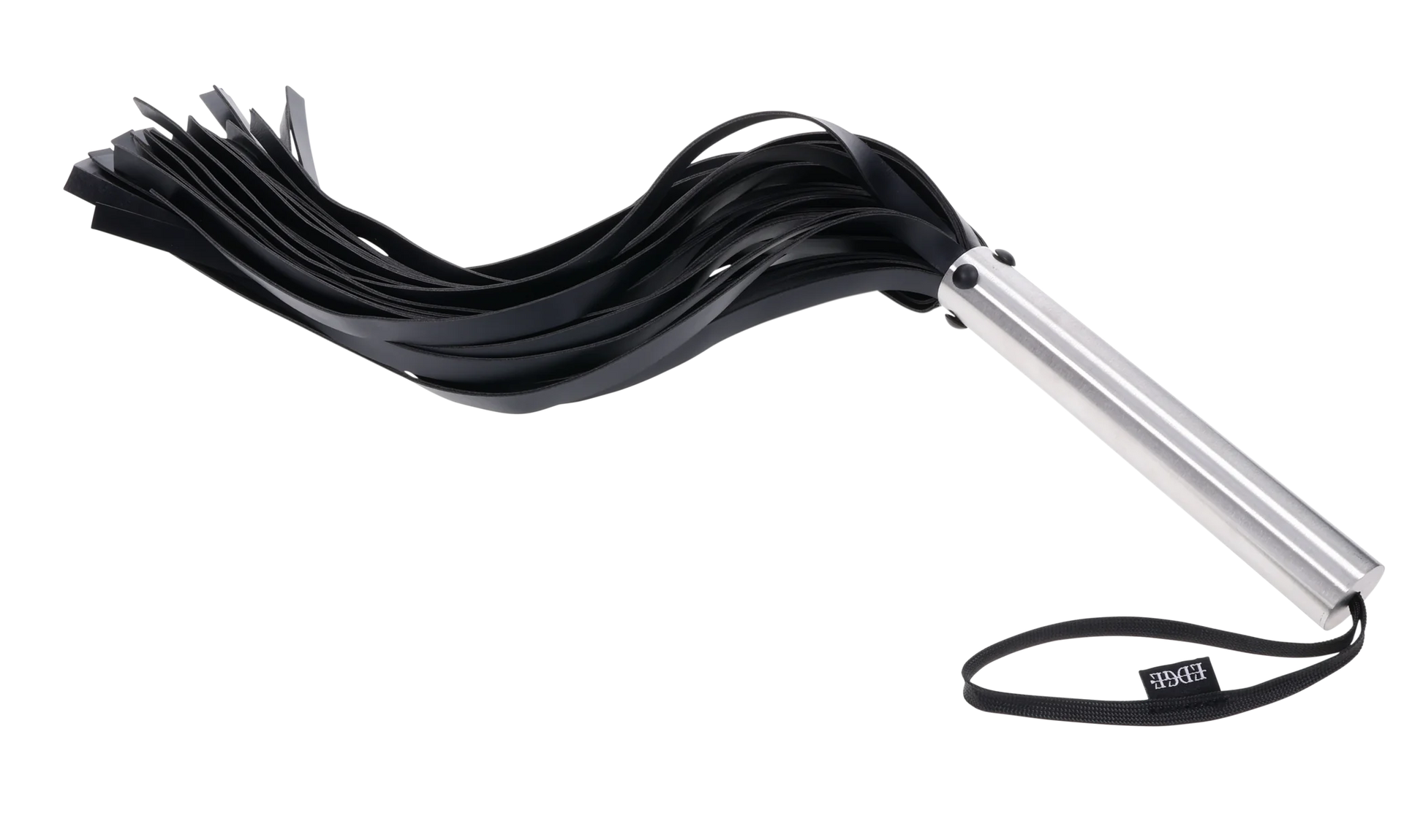 Black faux leather flogger with a silver metal handle and a black wrist strap.