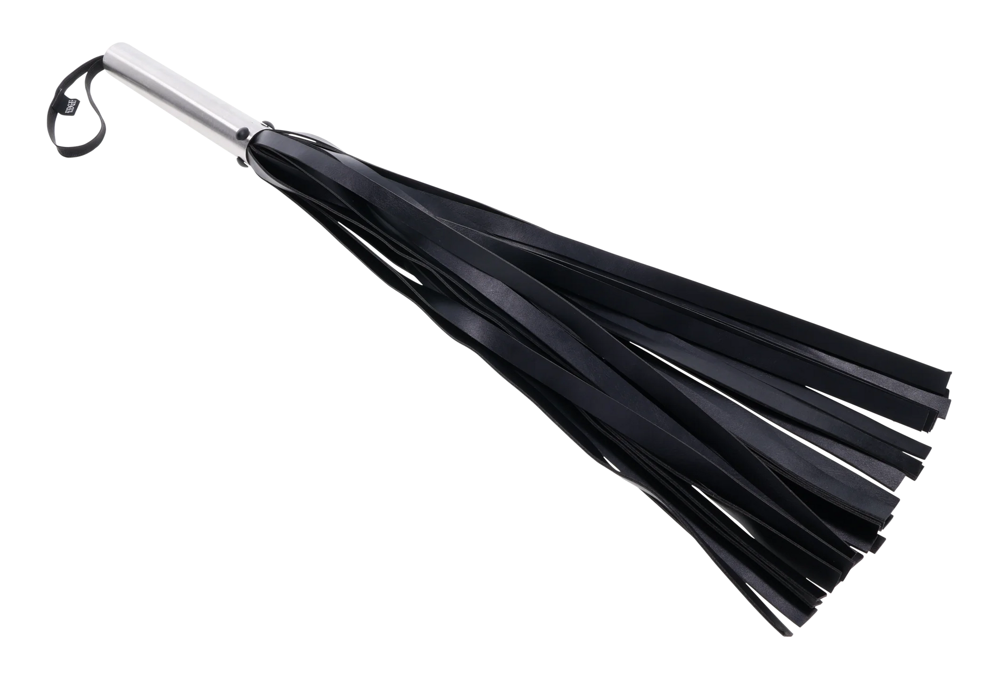 Faux leather flogger with a metal handle and a wrist loop.