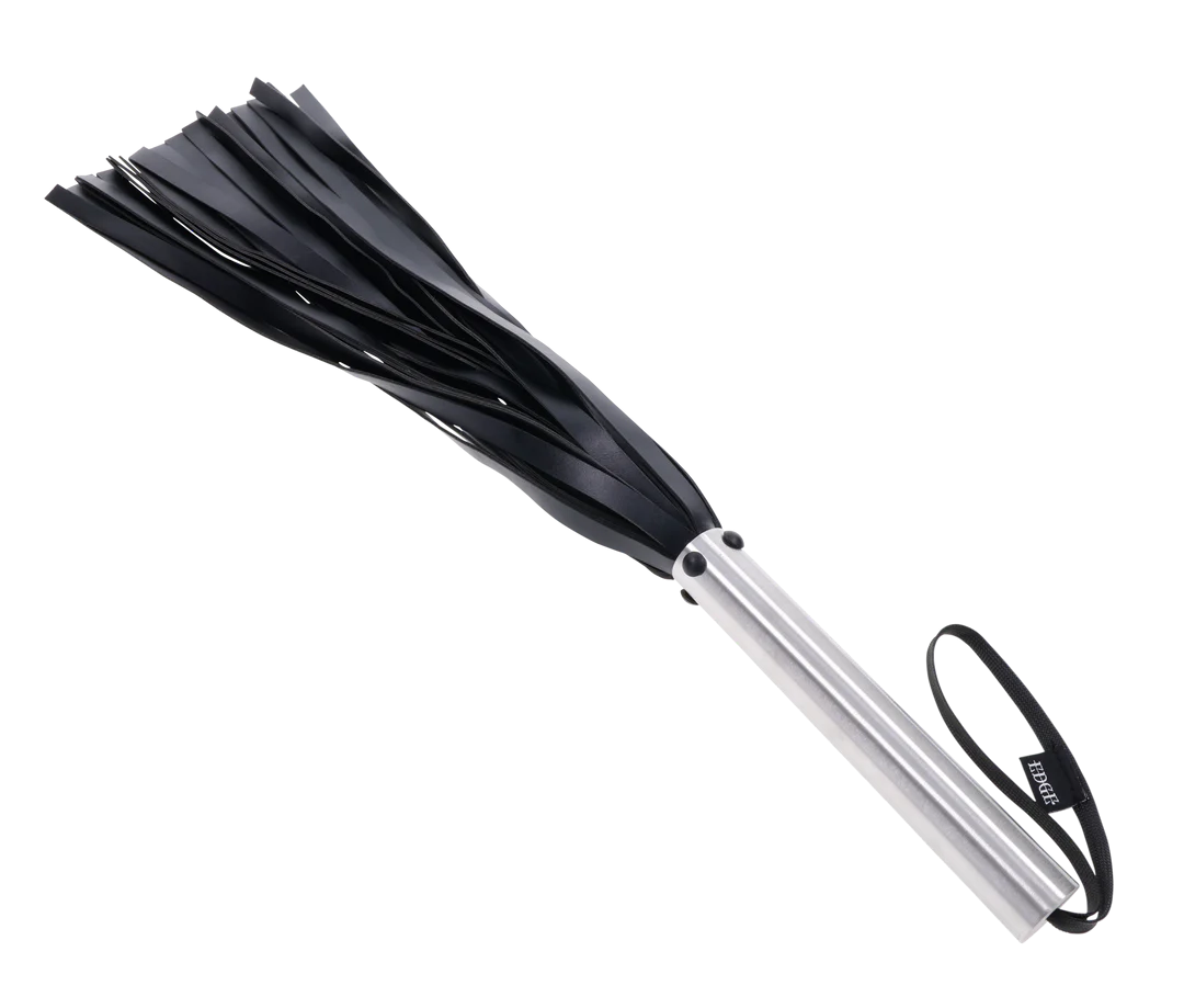 Faux leather flogger with a metal handle and wrist strap.