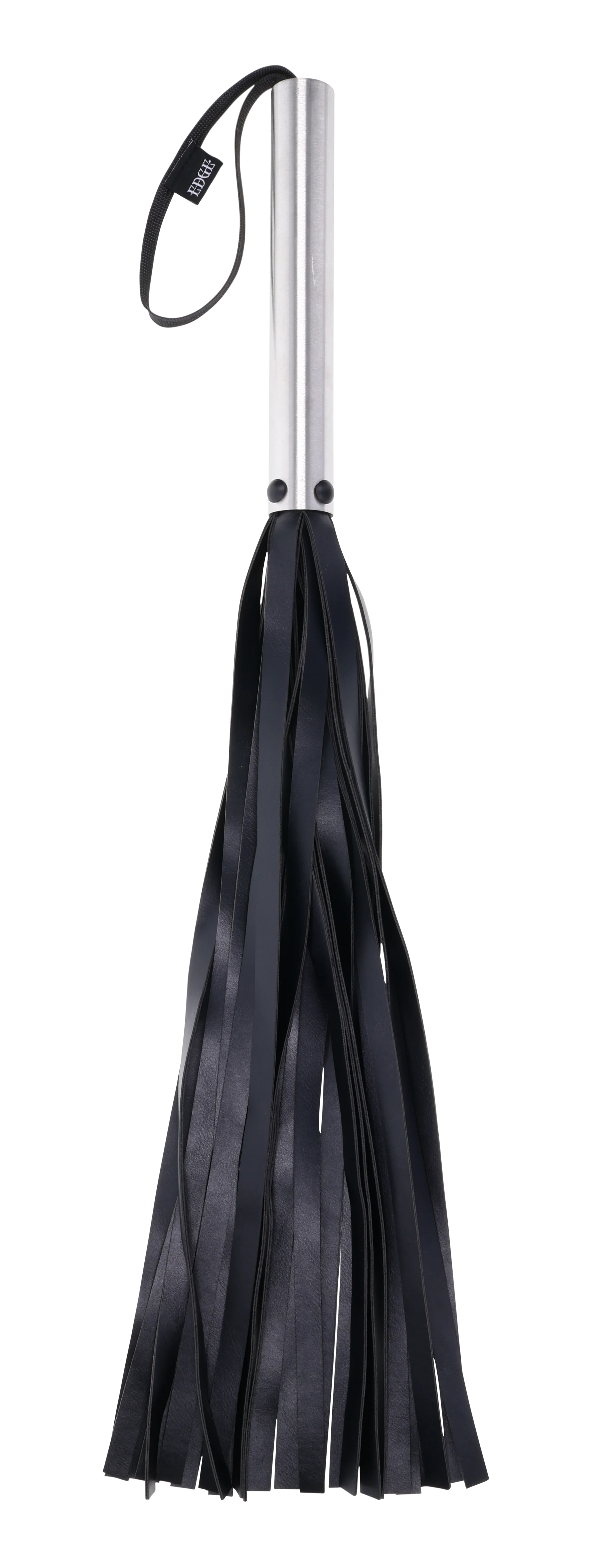 Faux leather flogger with a metal handle and a branded tag.