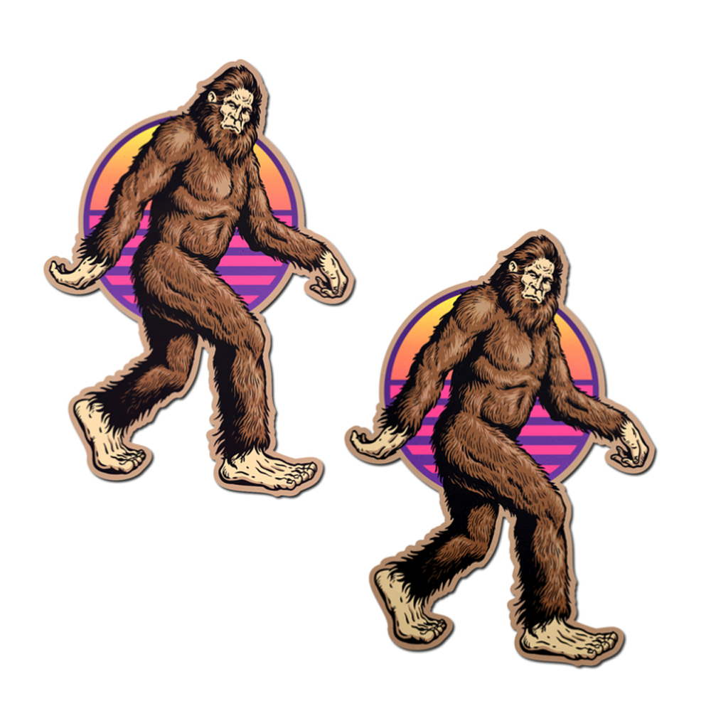 Two Bigfoot stickers with a retro sunset background.