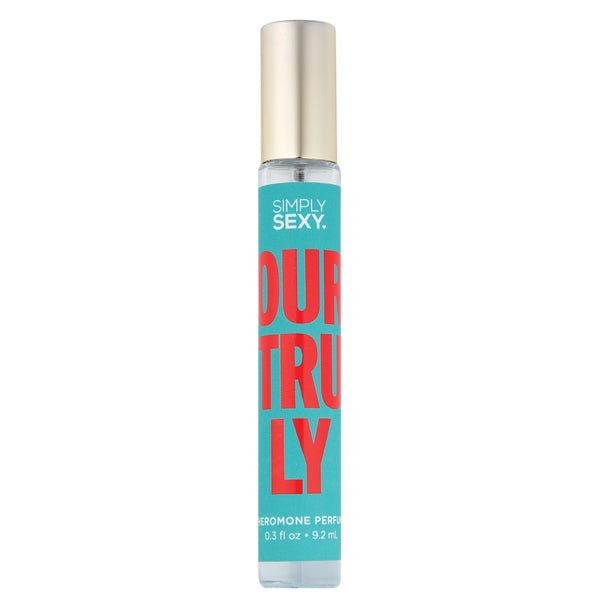 A bottle of Simply Sexy Yours Truly Pheromone Perfume with a gold cap.