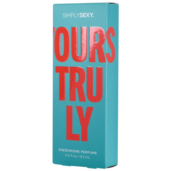 A teal box with red text that reads "SIMPLYSEXY. YOURS TRULY" and "PHEROMONE PERFUME".