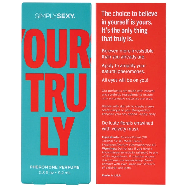 Simply Sexy Yours Truly Pheromone Perfume box with red text on a teal background.