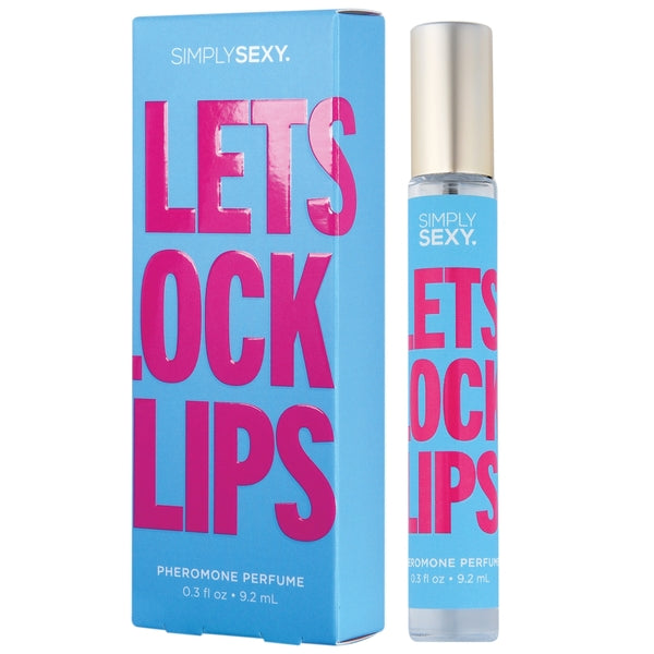 Simply Sexy "Lets Lock Lips" pheromone perfume in a blue box and clear bottle.