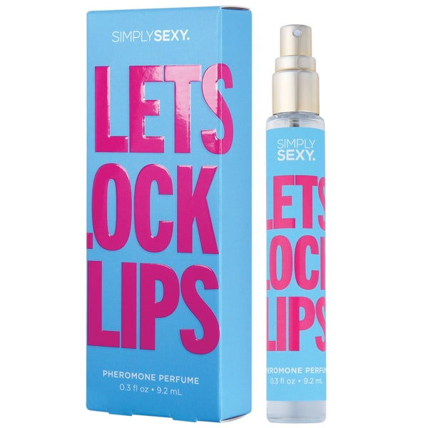 A blue box and bottle of Simply Sexy pheromone perfume with "Lets Lock Lips" text.