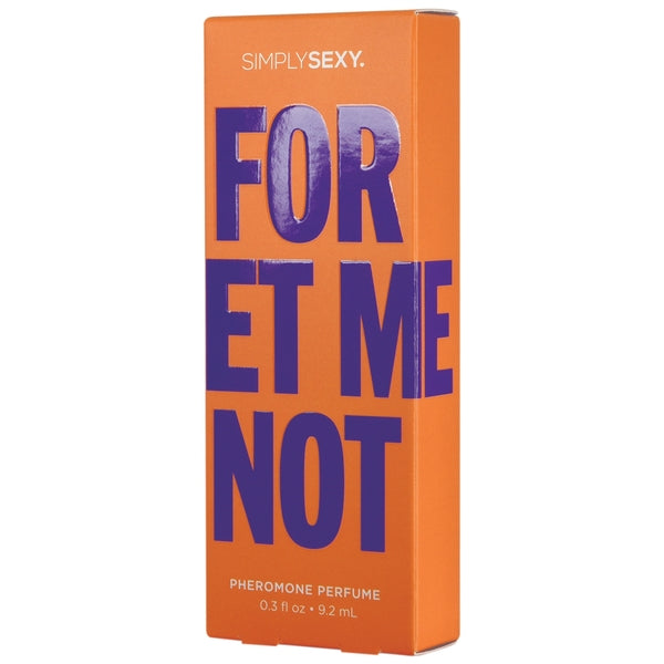 Orange box with "FORGET ME NOT" in purple text and "SIMPLY SEXY" branding.