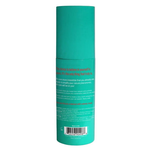 A teal spray bottle of pheromone body mist with floral musk scent.