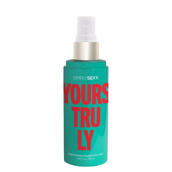 A teal bottle of Simply Sexy Yours Truly Pheromone Fragrance Mist.