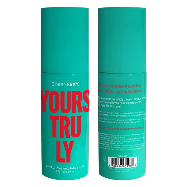Simply Sexy Yours Truly Pheromone Fragrance Mist in a teal bottle.