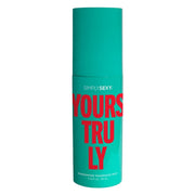 A teal bottle of Simply Sexy Yours Truly Pheromone Fragrance Mist.