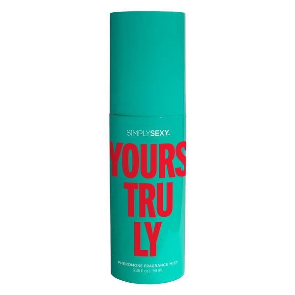 A teal bottle of Simply Sexy Yours Truly Pheromone Fragrance Mist.
