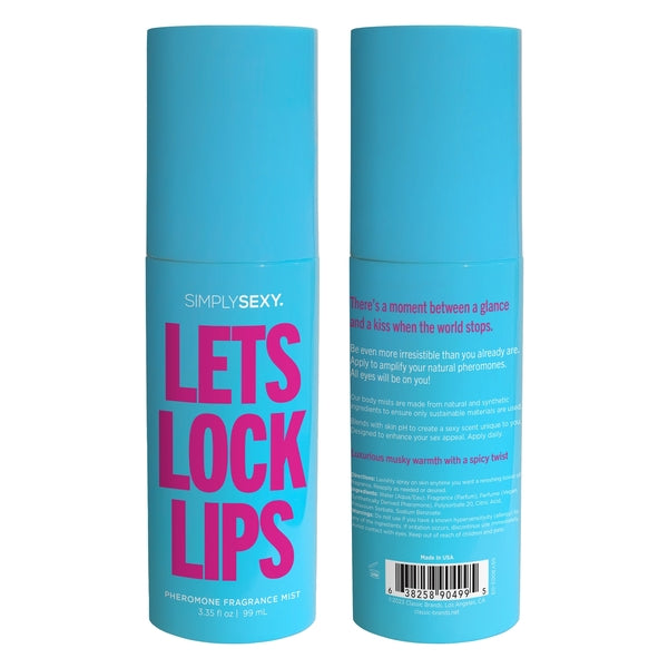 Simply Sexy Let's Lock Lips Pheromone Fragrance Mist in a blue spray bottle.