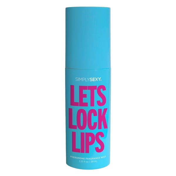 A blue bottle of Simply Sexy "Let's Lock Lips" pheromone fragrance mist.